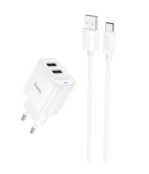 СЗУ Hoco C141A Smart 2.1A (2USB-A) + кабель USB to Type-C White