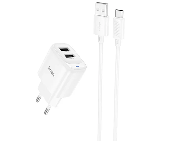 СЗУ Hoco C141A Smart 2.1A (2USB-A) + кабель USB to Type-C White