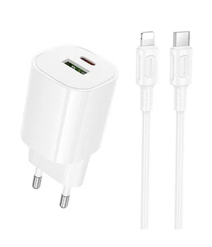 СЗУ Borofone BA104A Pudding PD20W+QC3.0 (1USB-A/1C) + кабель Type-C to Lightning White