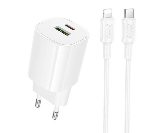 СЗУ Borofone BA104A Pudding PD20W+QC3.0 (1USB-A/1C) + кабель Type-C to Lightning White
