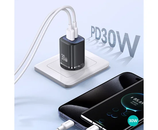 СЗУ Usams US-CC254 GaN HC Ser. 30W (1USB-A/1C) Black