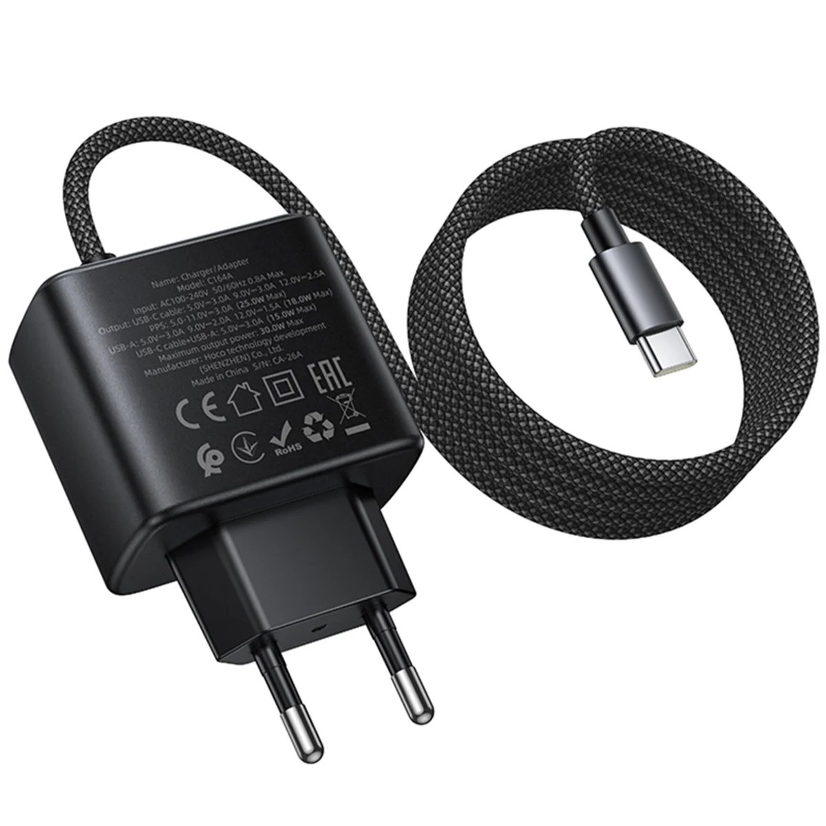 СЗУ Hoco C164A New PD30W+QC3.0 (1USB-A/1C) + встроенный кабель Type-C Black