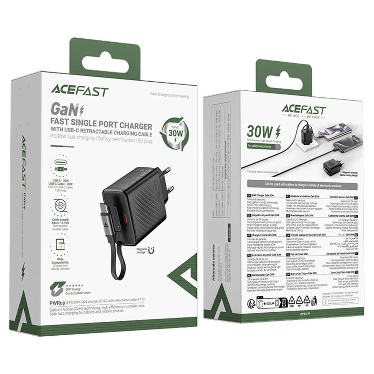 СЗУ Acefast A110 GaN With Retractable Cable Type-C PD30W (1USB-C) Black