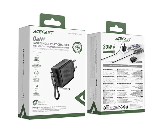 СЗУ Acefast A110 GaN With Retractable Cable Type-C PD30W (1USB-C) Black