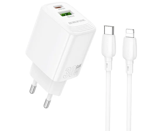 СЗУ Borofone BN29 Fuente PD30W+QC3.0 (1USB-A/1C) + кабель Type-C to Lightning White