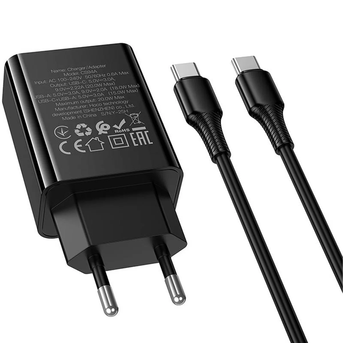 СЗУ Hoco CS94A Leader PD20W+QC3.0 (1USB-A/1C) + кабель Type-C to Type-C Black