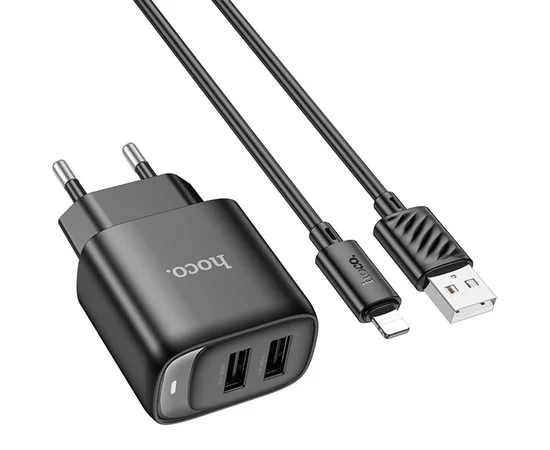 СЗУ Hoco C141A Smart 2.1A (2USB-A) + кабель USB to Lightning Black