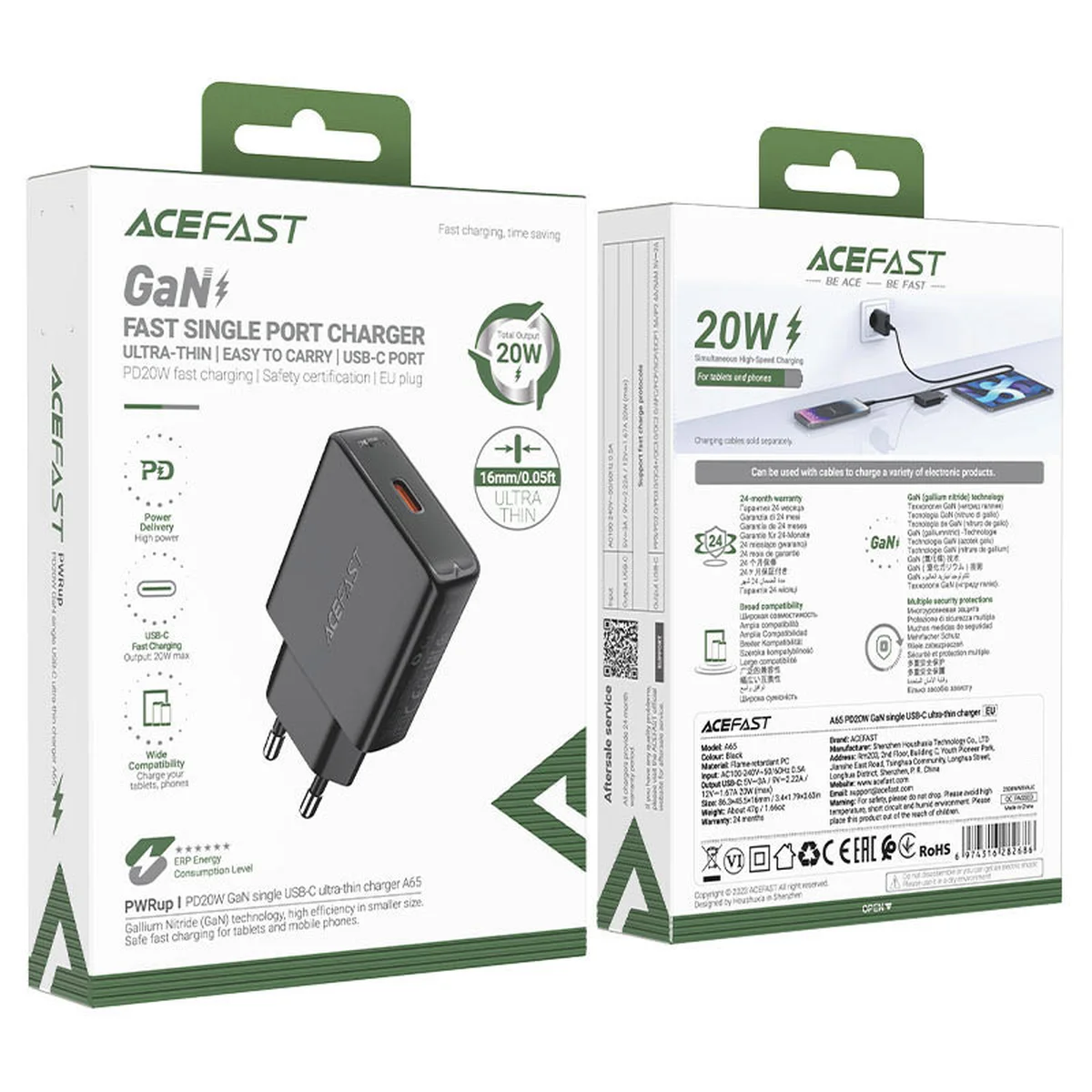 СЗУ Acefast A65 PD20W GaN (USB-C) Black