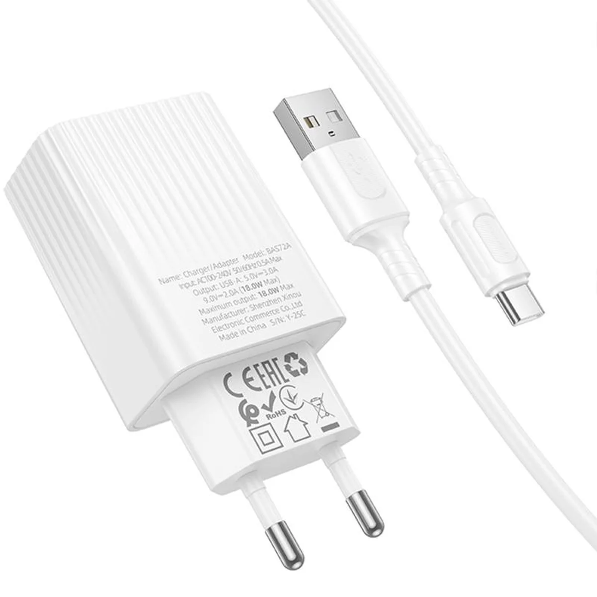 СЗУ Borofone BAS72A Source QC3.0 (1USB-A) + кабель USB to Type-C White