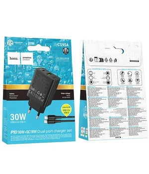 СЗУ Hoco CS95A Leader PD30W+QC3.0 (1USB-A/1C) + кабель Type-C to Type-C Black