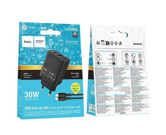 СЗУ Hoco CS95A Leader PD30W+QC3.0 (1USB-A/1C) + кабель Type-C to Type-C Black