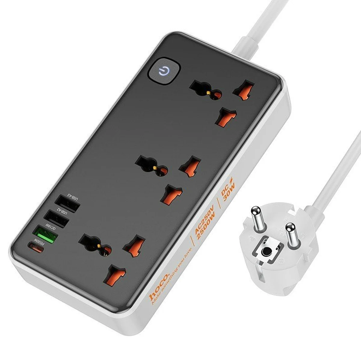 Удлинитель Hoco AC8A Storm (PD30W/1C/3A/3xSocket) (1.5m) Black