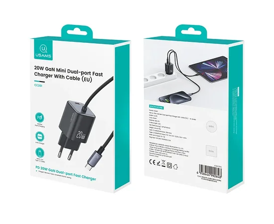 СЗУ Usams US-CC261 GaN JC Ser. 20W (2USB-C) + кабель Type-C to Type-C Black