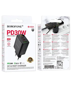 СЗУ Borofone BA98A Ilustre with digital display PD30W (1USB-A/2C) Black