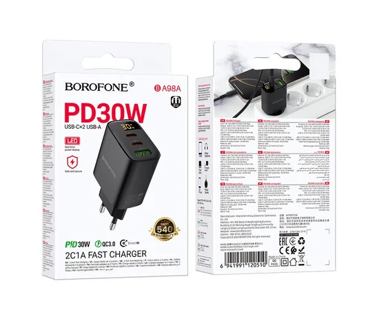 СЗУ Borofone BA98A Ilustre with digital display PD30W (1USB-A/2C) Black