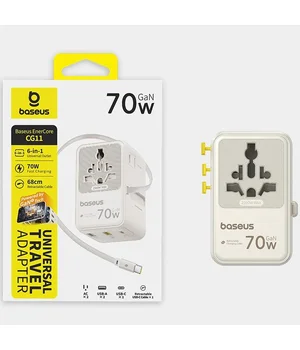 Сетевой универсальный переходник Baseus CG11 70W with retractable cable (2USB-A/3C/1Socket) (E0307E) Off-White