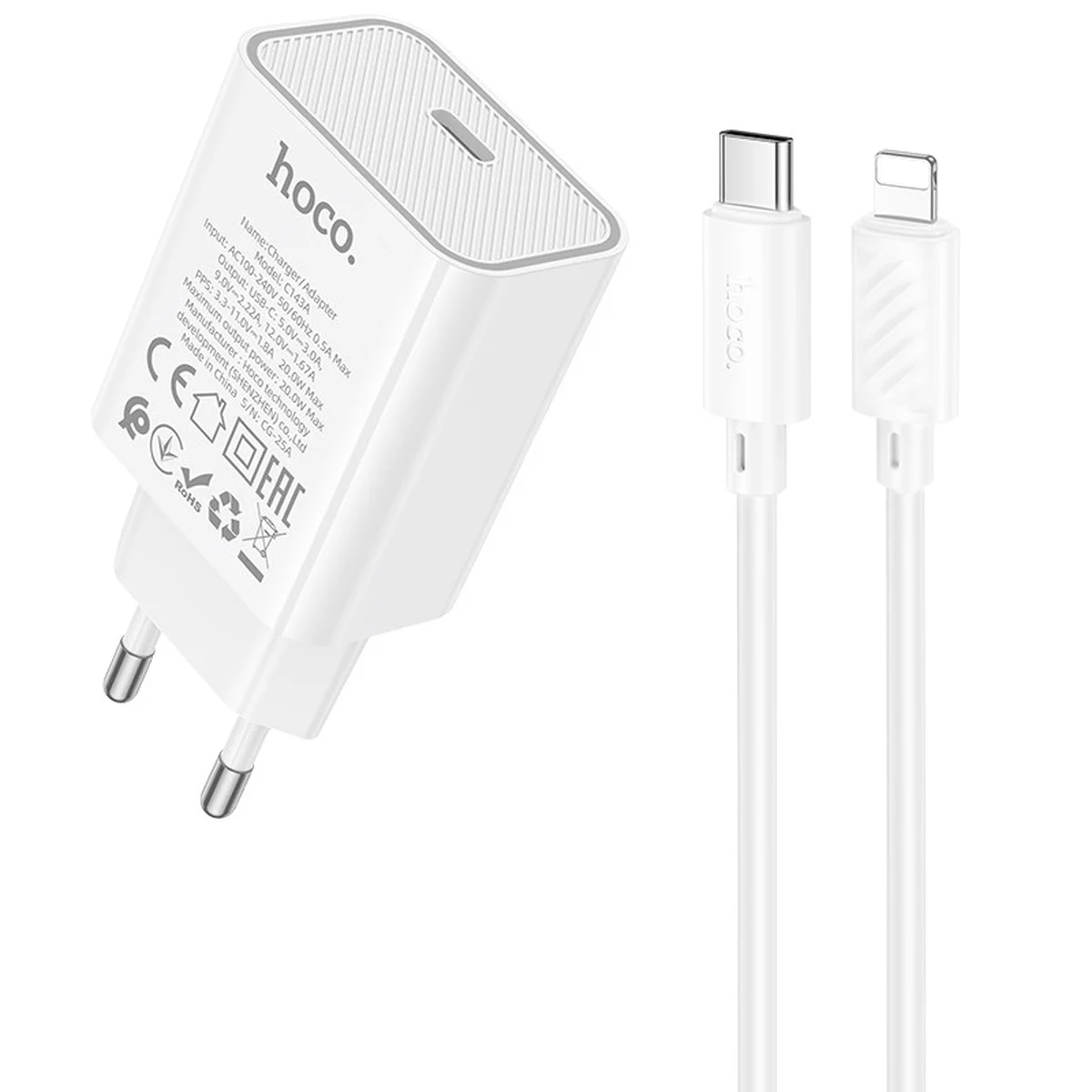 СЗУ Hoco C143A Benefit PD20W (1USB-C) + кабель Type-C to Lightning White