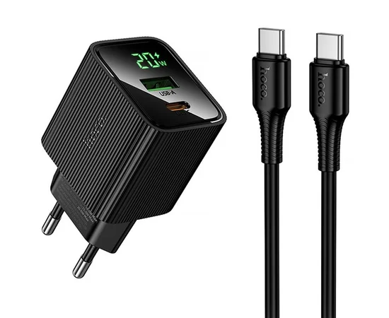 СЗУ Hoco CS83A Excellent with digital display PD20W+QC3.0 (1USB-A/1C) + кабель Type-C to Type-C Black