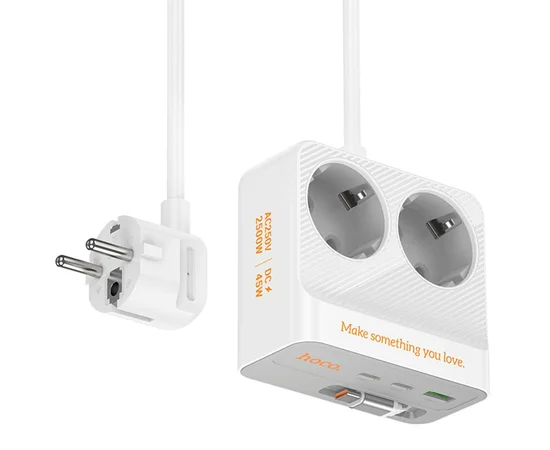Удлинитель Hoco AC28 Descanso (PD45W/1C/3A/2xSocket) (2m) White