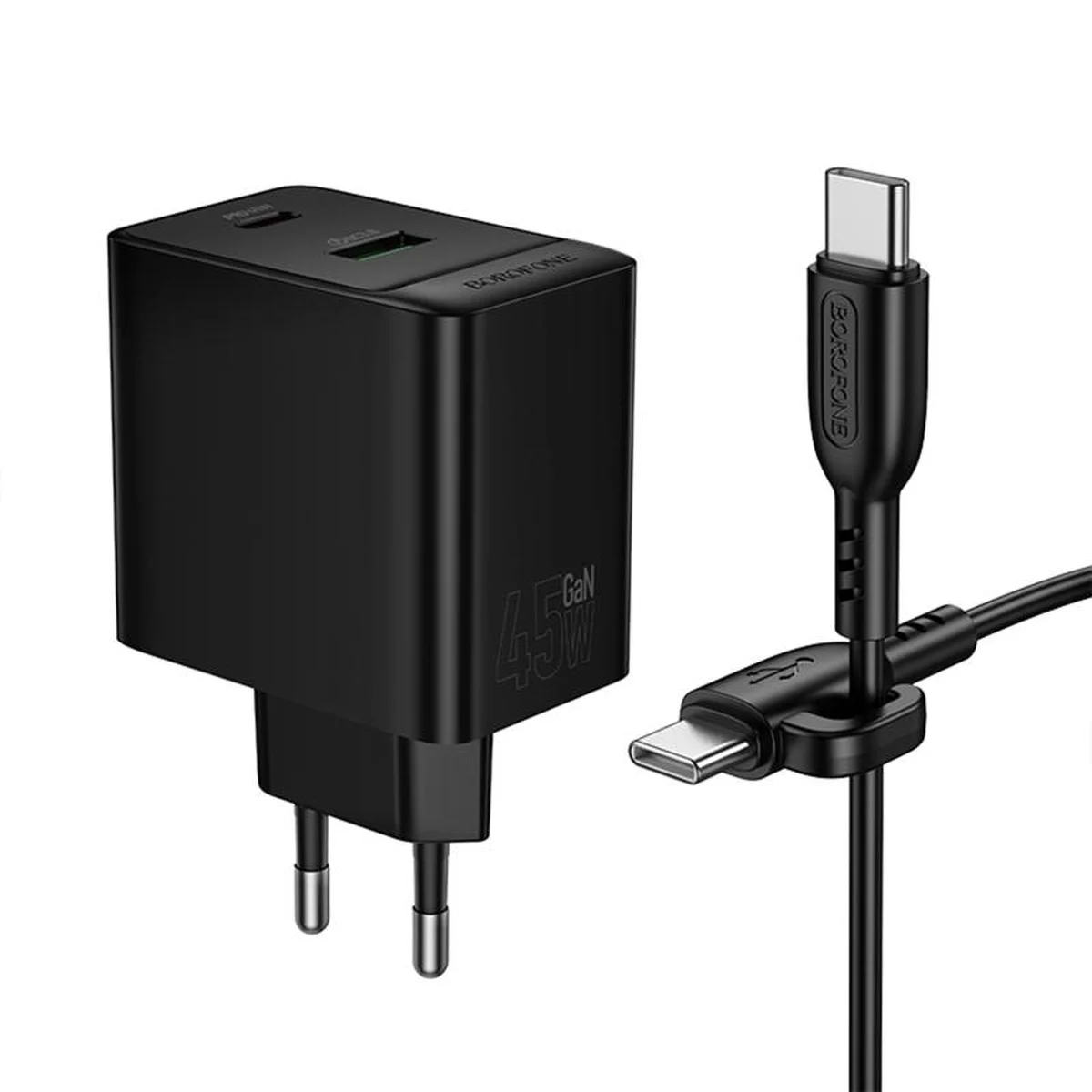 СЗУ Borofone BAS16A Erudite PD45W+QC3.0 (1USB-A/1C) + кабель Type-C to Type-C Black