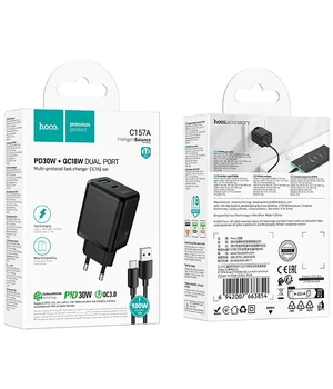 СЗУ Hoco C157A Smart PD30W+QC3.0 (1USB-A/1C) + кабель USB to Type-C Black