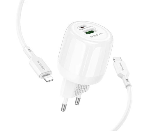 СЗУ Borofone BA93A Lustrous PD20W+QC3.0 (1USB-A/1C) + кабель Type-C to Lightning White