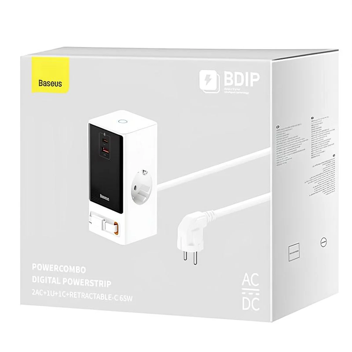 СЗУ Baseus OS PowerCombo Digital PowerStrip+Retractable-C 65W (1USB-A/1C/2Socket) (1.5m) (PSLR000) Glacier White