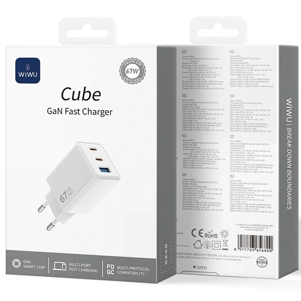 СЗУ WIWU G026 Cube PD67W+QC3.0 GaN (1USB-A/2C) White