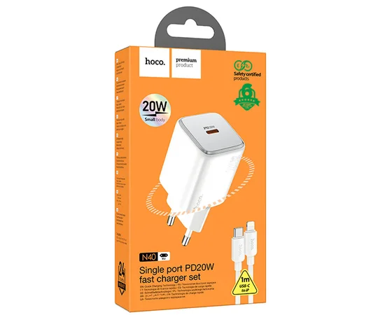 СЗУ Hoco N40 Mighty 1C PD20W + Type to Lightning White