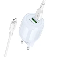 СЗУ Borofone BA93A Lustrous PD20W+QC3.0 (1USB-A/1C) + кабель Type-C to Lightning Blue