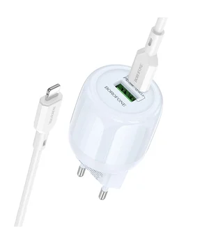 СЗУ Borofone BA93A Lustrous PD20W+QC3.0 (1USB-A/1C) + кабель Type-C to Lightning Blue