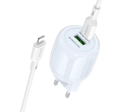 СЗУ Borofone BA93A Lustrous PD20W+QC3.0 (1USB-A/1C) + кабель Type-C to Lightning Blue