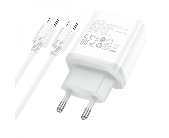 СЗУ Hoco C105A Stage PD20W+QC3.0 (1USB-A/1C) + кабель Type-C to Type-C White