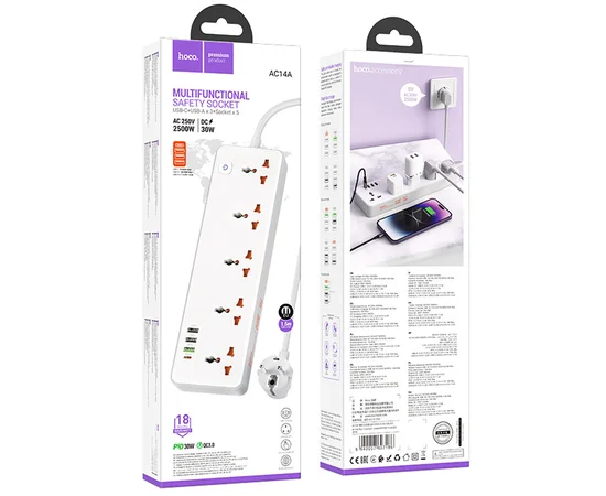 Подовжувач Hoco AC14A Rico PD30W (3USB-A/1C/5xSocket) (1.5m) White
