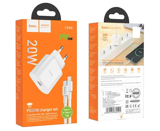 СЗУ Hoco C94A Metro PD20W (1C) + Type-C to Type-C White