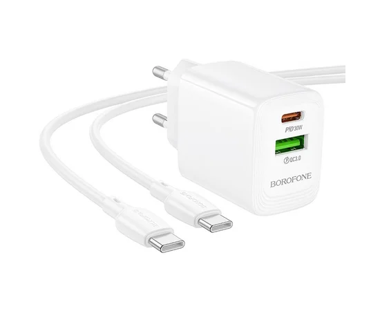 СЗУ Borofone BN29 Fuente PD30W+QC3.0 (1USB-A/1C) + кабель Type-C to Type-C White