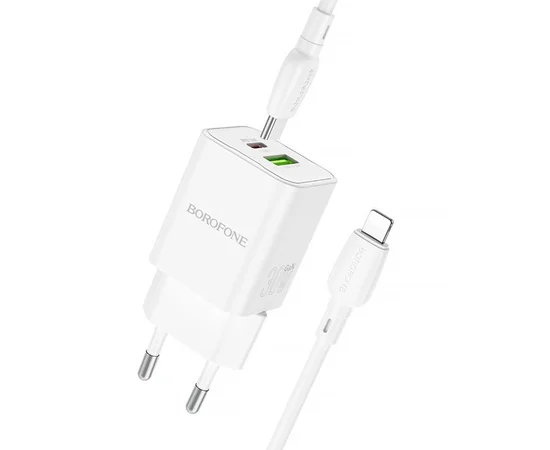 СЗУ Borofone BN14 Royal PD30W+QC3.0 (1USB-A/1C) + кабель Type-C to Lightning White