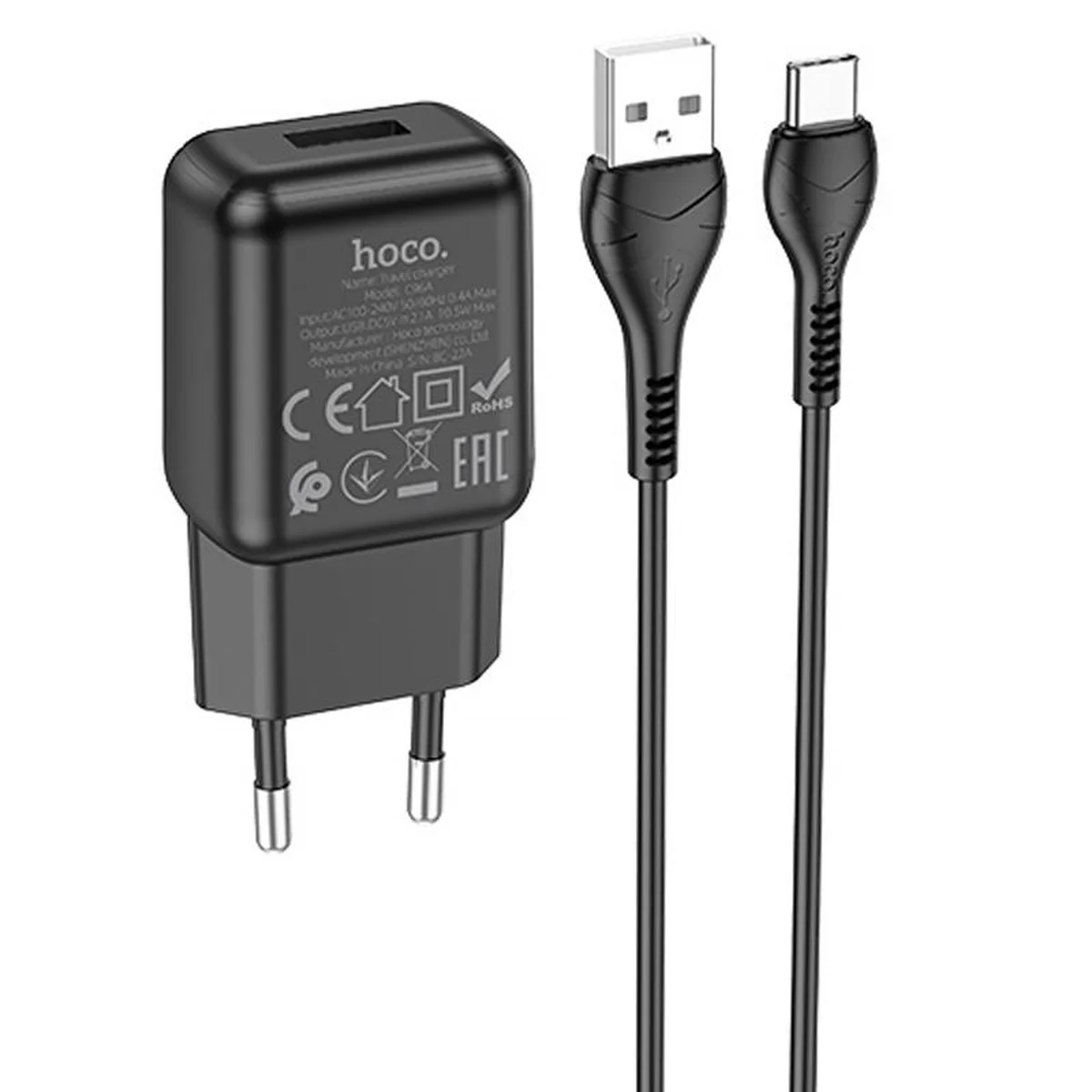 СЗУ Hoco C96A (1USB/2.1A) + кабель USB to Type-C Black