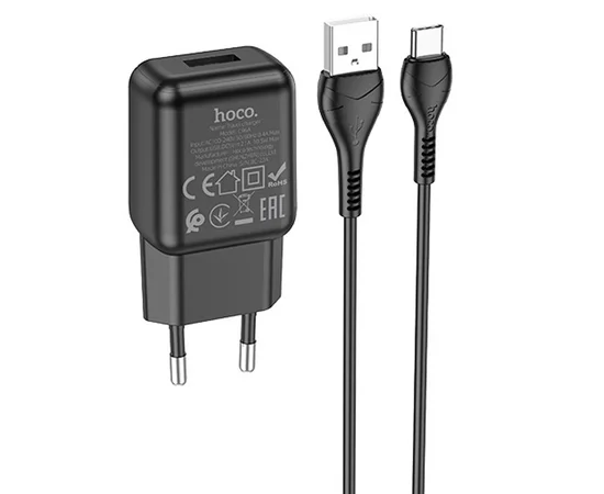 СЗУ Hoco C96A (1USB/2.1A) + кабель USB to Type-C Black