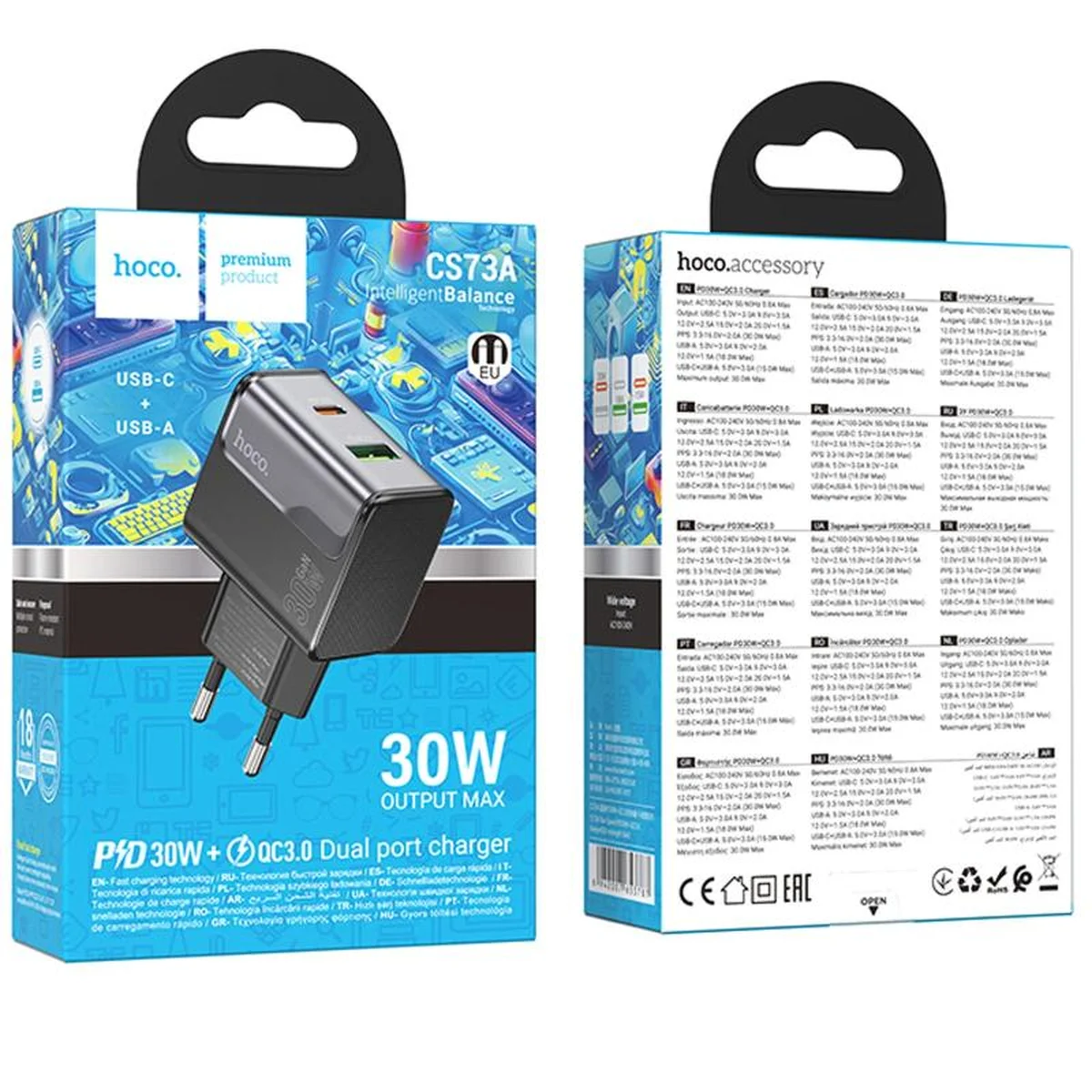 СЗУ Hoco CS73A Star Speed PD30W+QC3.0 (1USB-A/1C) Midnight Black