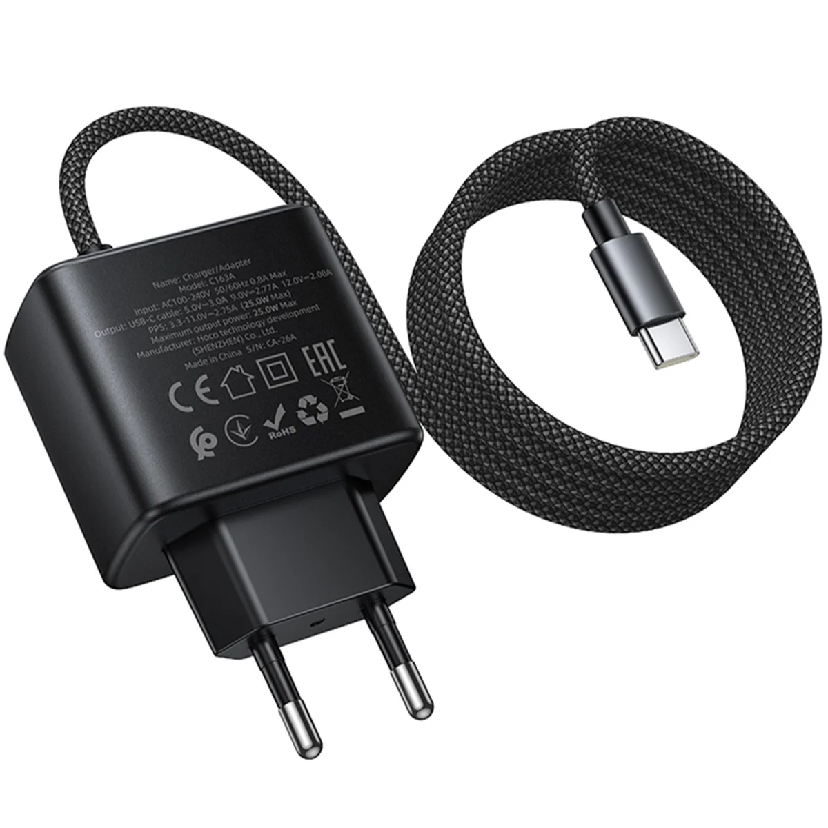 СЗУ Hoco C163A New PD25W (1USB-C) + вбудований кабель Type-C Black