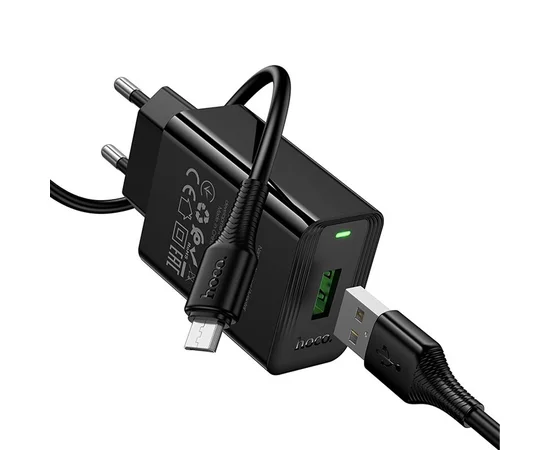 СЗУ Hoco CS92A Leader 18W+QC3.0 (1USB-A) + кабель USB to MicroUSB Black