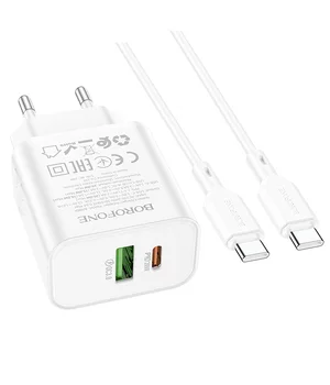 СЗУ Borofone BA88A Navy PD20W+QC3.0 (1USB-A/1C) + кабель Type-C to Type-C White