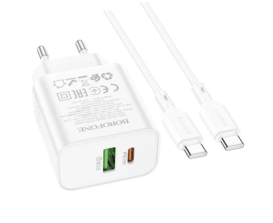 СЗУ Borofone BA88A Navy PD20W+QC3.0 (1USB-A/1C) + кабель Type-C to Type-C White
