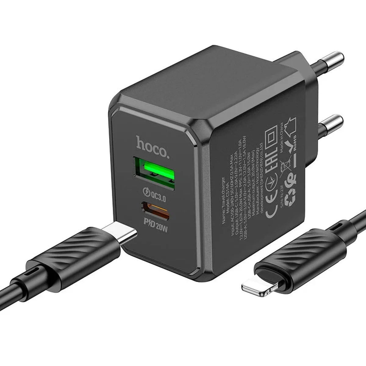 СЗУ Hoco CS14A PD20W+QC3.0 (1USB-A/1C) + Type-C to Lightning Black