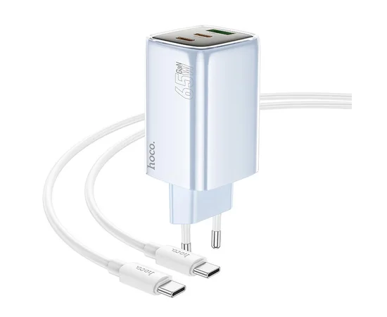СЗУ Hoco N49 Glorious PD65W (1USB-A/2C) + кабель Type-C to Type-C Blue