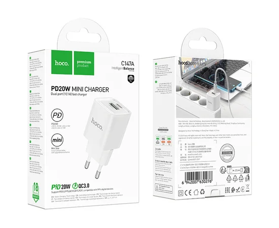 СЗУ Hoco C147A PD20W+QC3.0 (1USB-A/1C) White