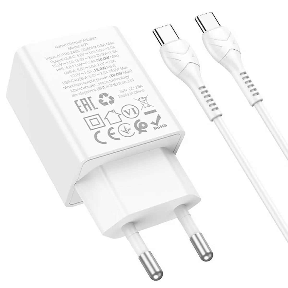СЗУ Hoco N71 Nuevo PD30W+QC3.0 (1USB-A/1C)  + кабель Type-C to Type-C White