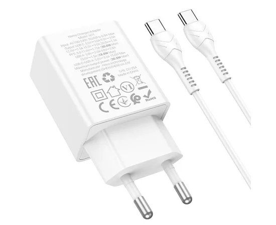 СЗУ Hoco N71 Nuevo PD30W+QC3.0 (1USB-A/1C)  + кабель Type-C to Type-C White