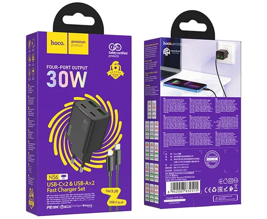СЗУ Hoco N56 Fundador PD30W four-port (2C2A) + Type-C to Lightning Black